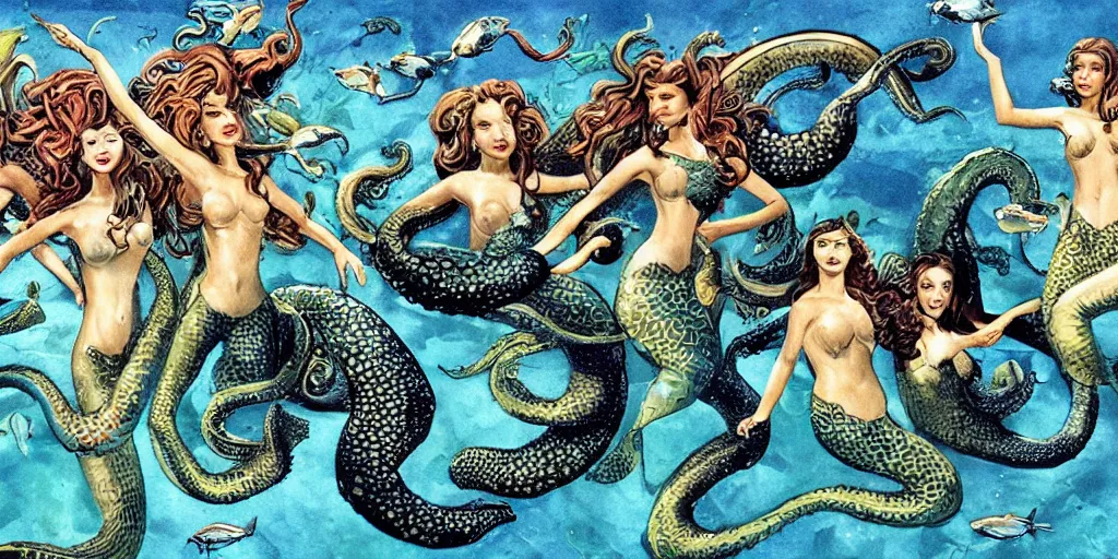 Image similar to divine group of mermaids throwing and hitting eachother with fishes and octopus, fight scene from action movie by tony scott