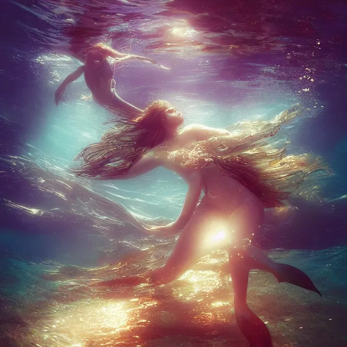 Image similar to glimmering mermaid swimming underwater, dolphins, golden hour, god rays, coral reef, dreamscape by artgerm and ruan jia and ismail inceoglu and greg olsen, cosmos, milky way galaxy, masterpiece, beautiful, intricate, elegant, highly detailed