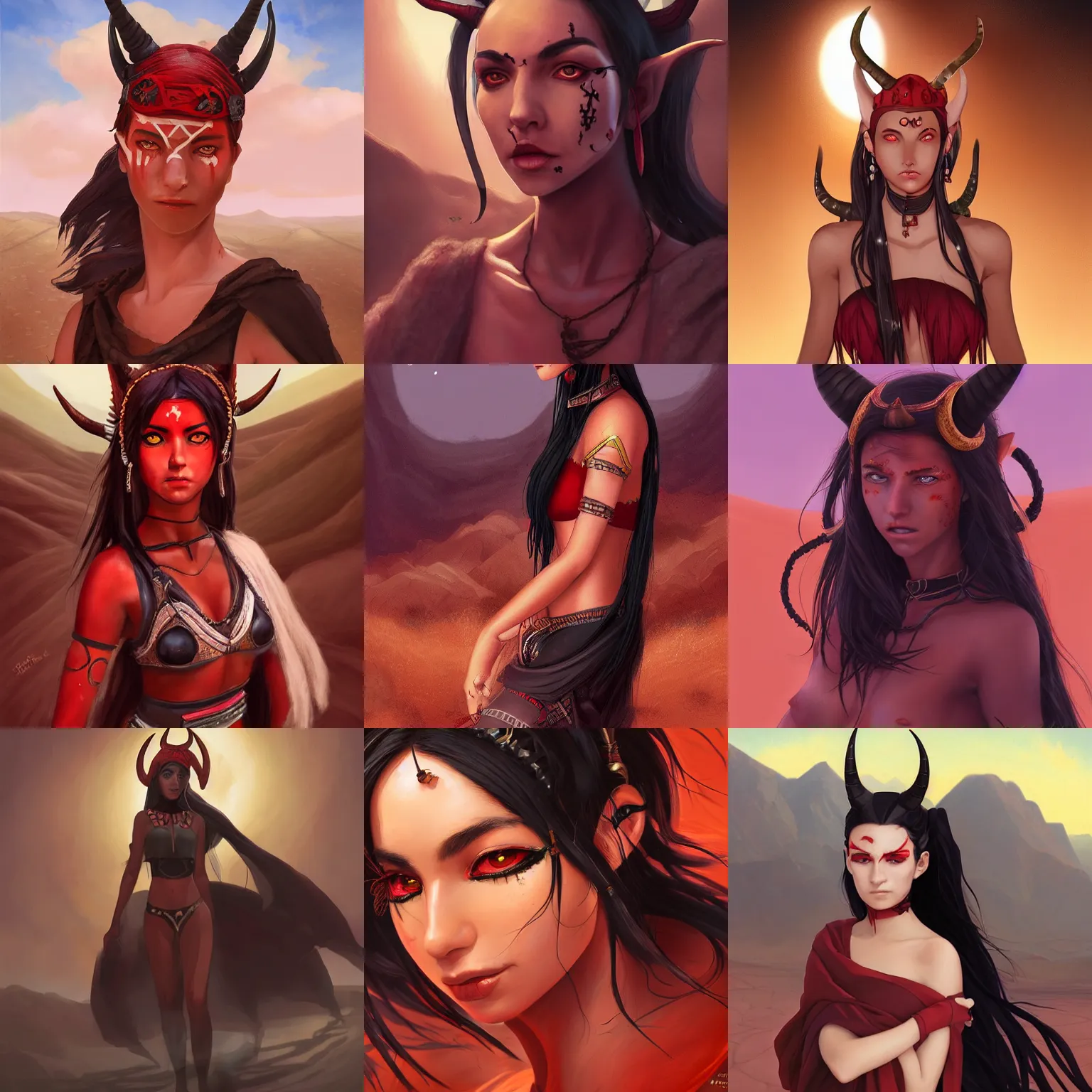 Prompt: portrait of a berber tiefling woman with red skin, devil horns and black hair in a ponytail in a desert, half body, single subject, ambient lighting, highly detailed, digital painting, trending on pixiv fanbox, studio ghibli, extremely high quality artwork, art by ross tran and artgerm and makoto shinkai