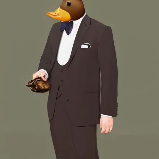 Image similar to a high detail photo of a man with a duck's head wearing a suit, antropomorphic, photorealism