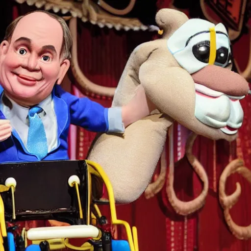 Image similar to a six year old child puppet in a wheelchair in the its a small world ride in real life that looks exactly like greg abbott the governor of texas, highly detailed, high definition, ultra realistic