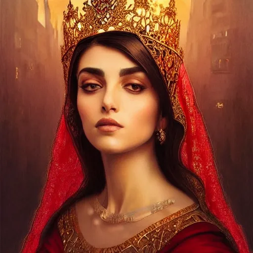 Image similar to Beautiful portrait of a Persian Princess who is an architect, beautiful princess, face painting, architecture, persian style architecture, dramatic lighting, intricate, wild, highly detailed, digital painting, artstation, concept art, smooth, sharp focus, illustration, black+velvet+red, art by artgerm and greg rutkowski and alphonse mucha, footage from space camera