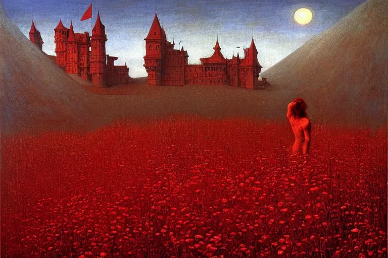 Image similar to only with red, red flowers of different types, a red tiger, a castle in the background, medieval demons dance over the flowers, an ancient path, in the style of beksinski, part by hopper, part by rodcenko, part by hofbauer, intricate composition, red by caravaggio, insanely quality, highly detailed, masterpiece, red light, artstation