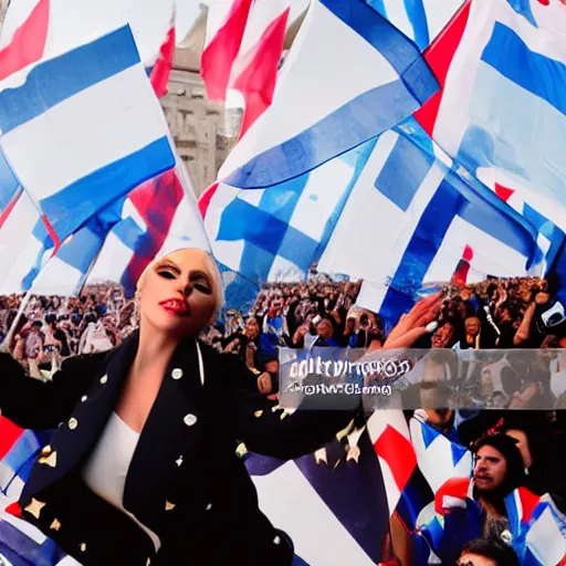 Image similar to Lady Gaga as president, Argentina presidential rally, Argentine flags behind, bokeh, giving a speech, detailed face, Argentina