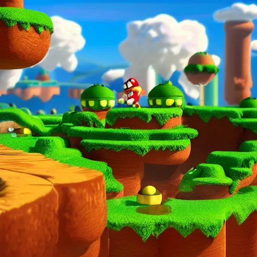 Prompt: an amazing landscape from the world of super mario 4 k, vray,