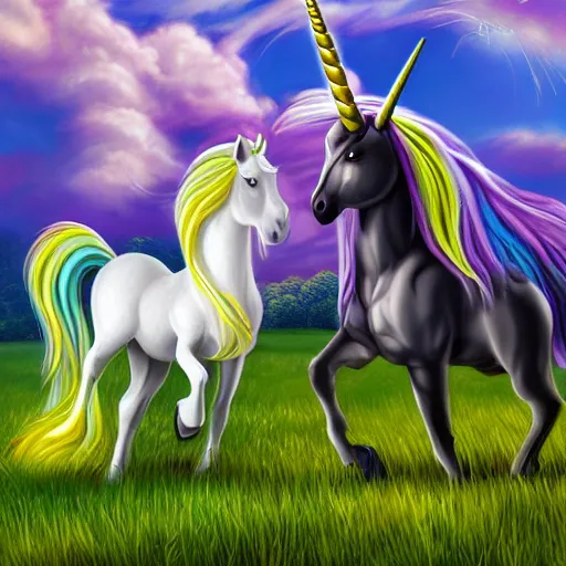 Prompt: a alicorn and a pegasus and a unicorn together on a grass field, by anne stokes, trending on artstation, concept art, digital art, cg station, matte painting