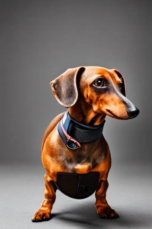 Prompt: Photo of a dachshund with Ron Swanson moustache, portrait, 3/4 view, Refined, Detailed professional photo, 50mm lens, Canon eos, blurry distant background, Highly Detailed, Cinematic Lighting, 8k