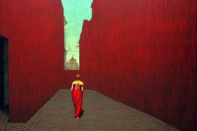 Image similar to only with red, caesar after war, a red tiger, in hoc signo vinces, rome in background, an ancient path, in the style of beksinski, part by hopper, part by rodcenko, part by hofbauer, intricate composition, red by caravaggio, insanely quality, highly detailed, masterpiece, red light, artstation