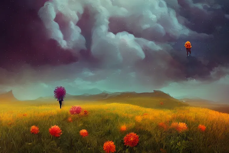 Image similar to giant dahlia flower as a head, girl walking on mountain, surreal photography, stars, dramatic light, impressionist painting, storm clouds, digital painting, artstation, simon stalenhag