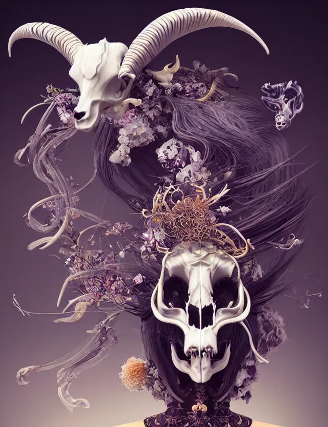 Image similar to 3 d goddess goat skull half - turn portrait with long hair with ram skull. beautiful intricately detailed japanese crow kitsune mask and clasical japanese kimono. betta fish, jellyfish phoenix, bio luminescent, plasma, ice, water, wind, creature, artwork by tooth wu and wlop and beeple and greg rutkowski