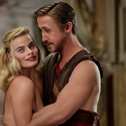 Image similar to still of ryan gosling and margot robbie, in pomepei ( 4 0 bc )