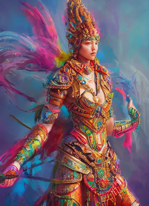 Image similar to detailed full body concept art illustration colorful oil painting of an ancient warrior goddess in full intricate colorful clothing, ultra detailed, digital art, octane render, 4k