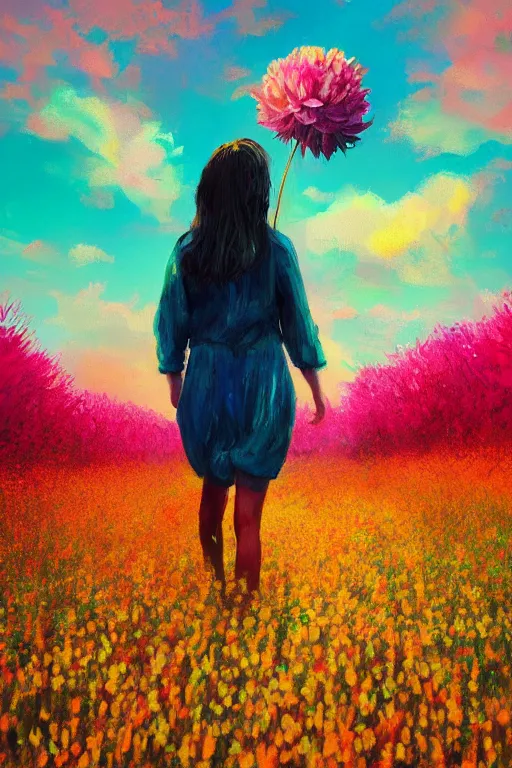 Image similar to giant flower head, girl walking in a flower field, surreal photography, sunrise, dramatic light, impressionist painting, colorful clouds, digital painting, artstation, simon stalenhag