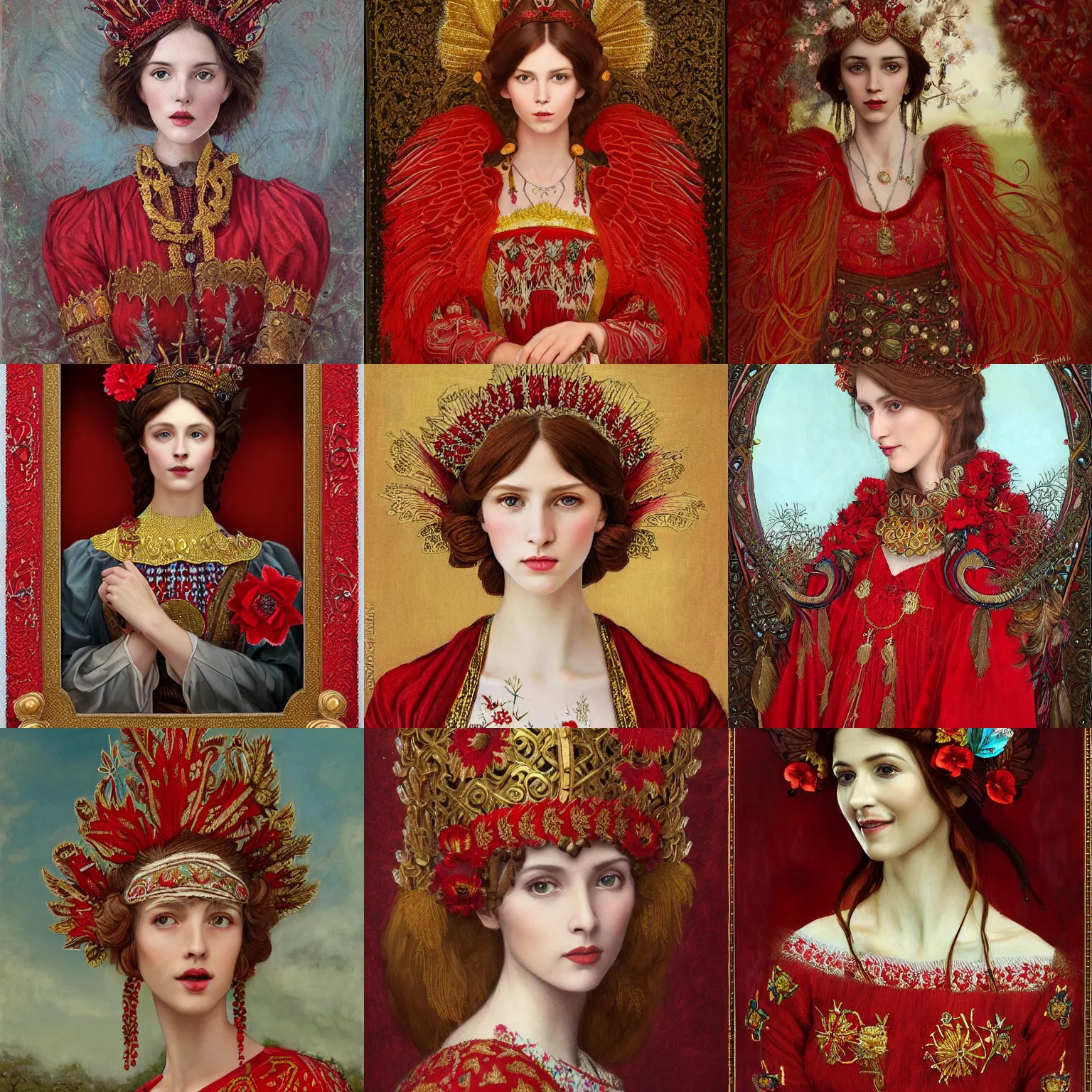 Prompt: the brown - haired lady with red wings, in red embroidery short ukrainian national costume, filigree crown with textile embroidery flowers, ukrainian heroine with red crow, pre - raphaelite beautiful, playful smile, detailed portrait, intricate complexity, acril painting the style of charlie bowater, tom bagshaw, alexis franklin, elena masci, pawel rebisz