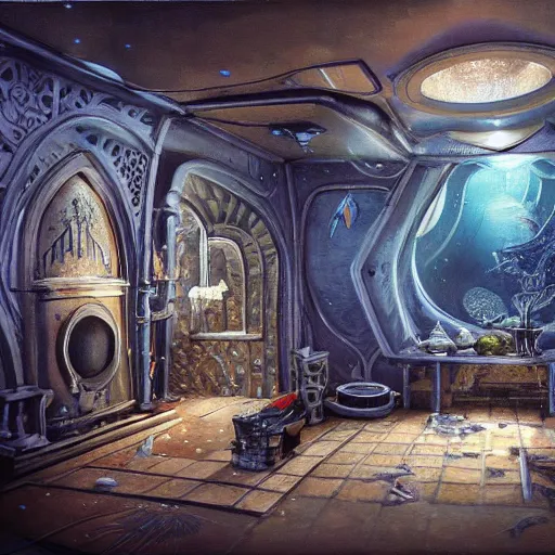 Prompt: detailed painting of a fish tank interior room with celestial ephemeral ornaments and hr giger architecture, artstation, greg crewdson, cinematic