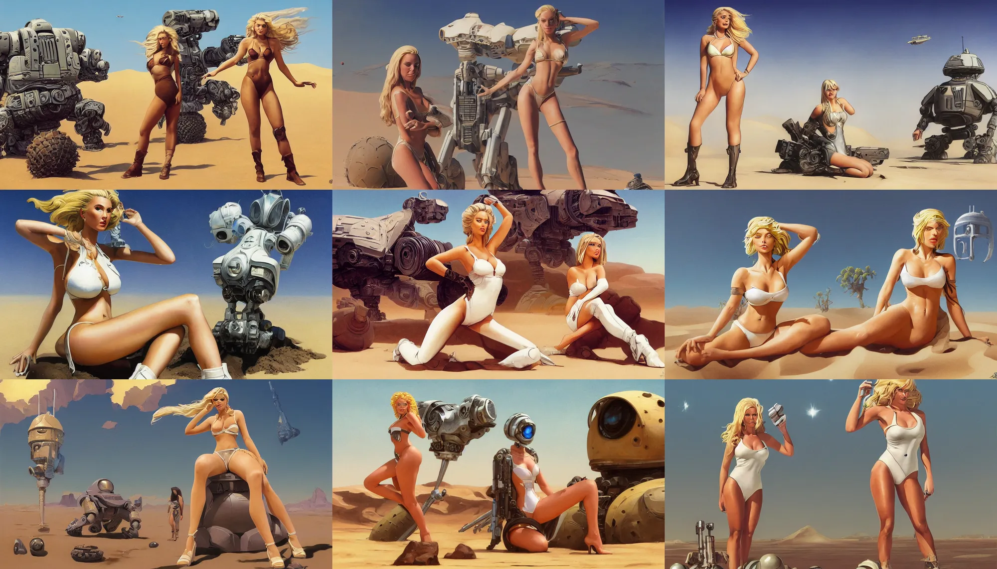 Prompt: A mixed media portrait painting of a beautiful blonde woman sitting in the sand on a desert alien planet, discarded mech in background, very curvy, aesthetic! white high-waisted bikini-armor and boots, aesthetic symmetrical face and eyes, model, Scandinavian, by Boris Vallejo, Beeple, Frank Frazetta, Greg Rutkowski, Christian MacNevin, Alphonse Mucha, epic fantasy character art, high fantasy, CGsociety, 60's Sci-fi Pinup style, exquisite detail, post-processing, masterpiece, cinematic