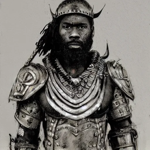 Prompt: one bearded african american spartan warrior. wearing intricate breastplate. by Guy Denning
