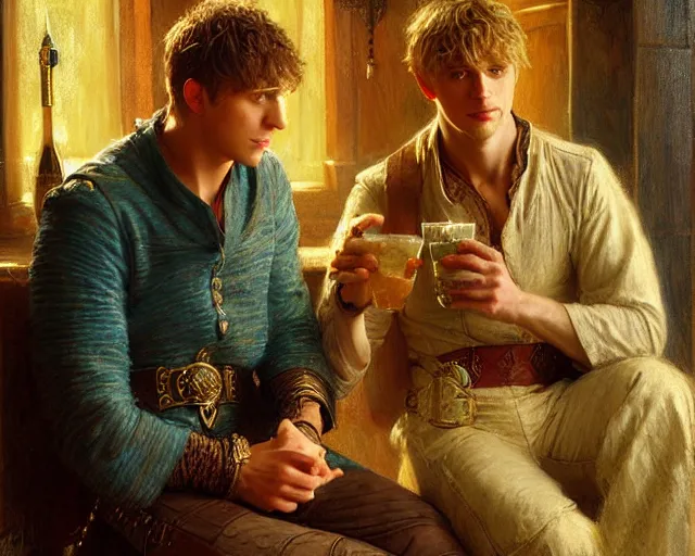 Image similar to attractive arthur pendragon and attractive merlin, both around 2 5 years old go to a pub together to have some drinks. highly detailed painting by gaston bussiere, craig mullins, j. c. leyendecker 8 k