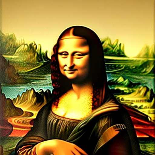 Image similar to a extremely detailed portrait of the mona lisa holding a paintbrush and painting herself 4 k