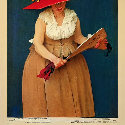 Image similar to frontal portrait of a woman with a giant, ridiculous hat, by norman rockwell