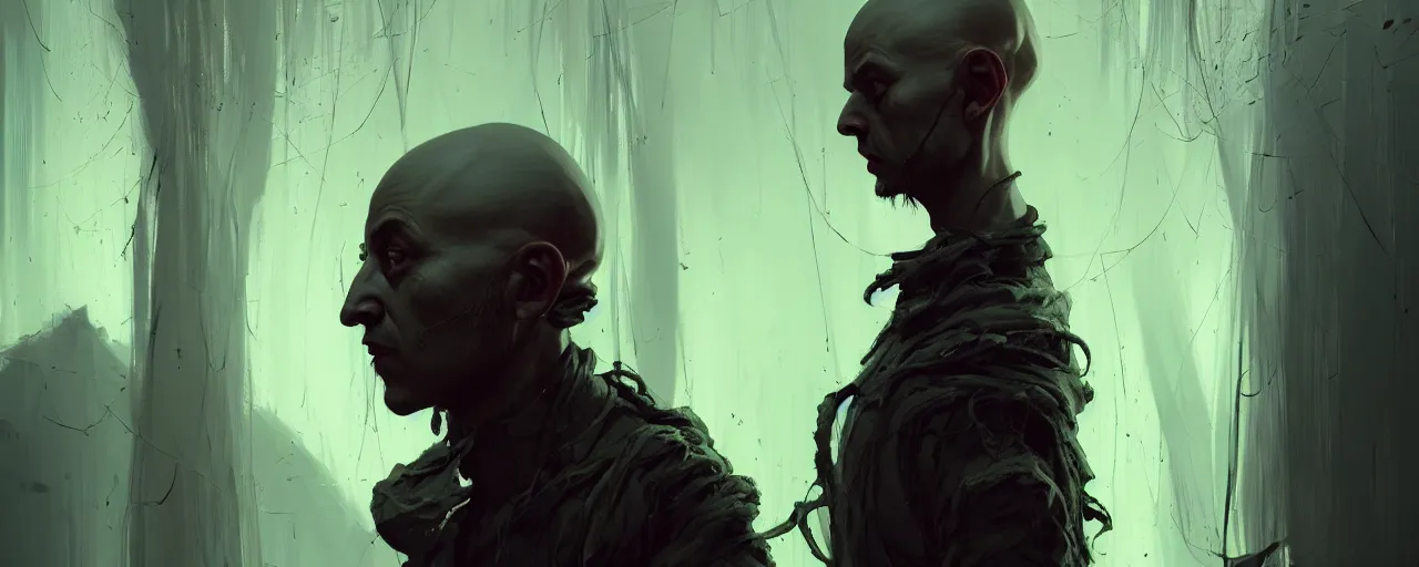 Prompt: duotone concept illustration 3 / 4 portrait 5 mm hair bald demonic merchant eyes glow sitting below willow foggy rustical style. medieval tunic cinematic volumentric lighting. accidental renaissance. by cd projekt red, sachin teng and sergey kolesov and ruan jia and heng z. graffiti art, scifi, fantasy, hyper detailed. octane render. trending on artstation