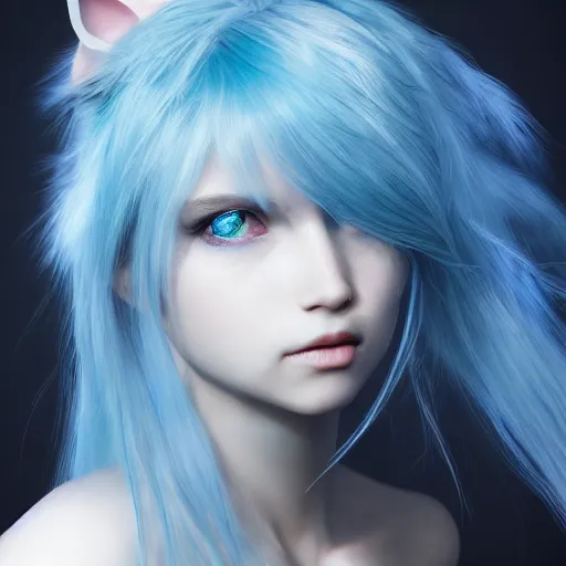 Prompt: portrait of hybrid dragon young girl, dragon skin, dragon ears, blue hair, long hair, highly detailed 3D render, 8k, rpg concept art character, jrpg character, manga, anime, video game character, concept art, by Yoshitaka Amano