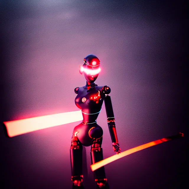 Image similar to robot woman fire dance holding katana, detailed pose energy, shibuya prefecture, cinematic lighting, fog mist smoke, photorealistic, night photography by tomino - sama