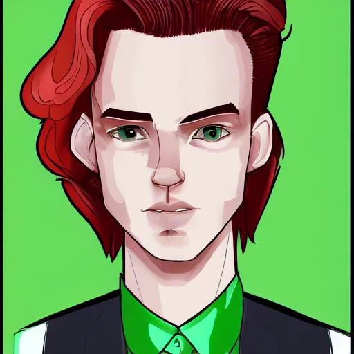 Prompt: digital art of a stylish young man with red hair and green cat - like eyes, popular, famous, attractive, high quality, highly detailed, hd, 4 k, 8 k,