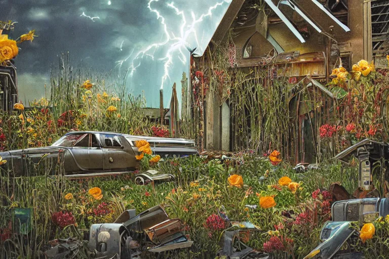 Prompt: hyperrealism, scene from church, thunderstorm, starship, junkyard, louisiana swamps, orange blooming flowers garden, 8 k, 8 0 s japanese sci - fi books art