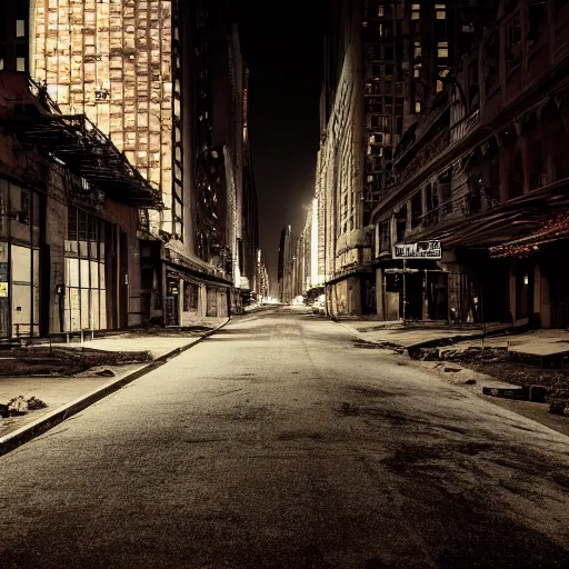 Prompt: color photograph of highly detailed abandoned New York city street at night after the war between humans and AIs, natural light, film grain, soft vignette, sigma 85mm f/1.4 1/10 sec shutter, film still promotional image, IMAX 70mm footage