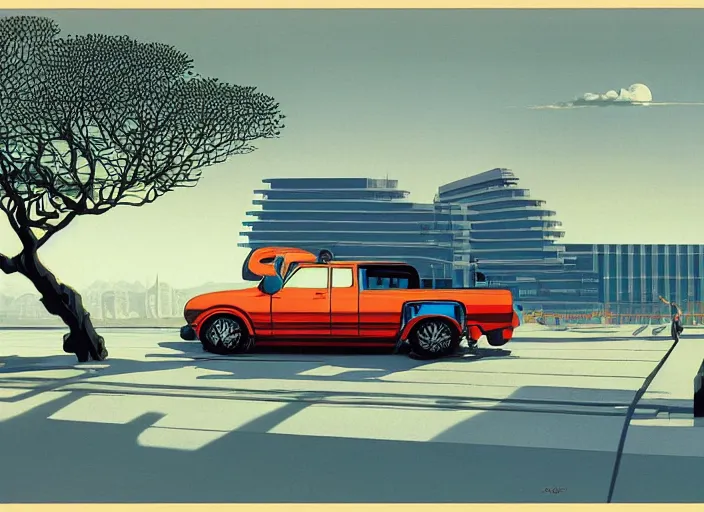 Prompt: a sport sedan truck in a future city. style by peter elson and eyvind earle.