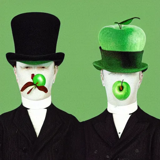 Image similar to Victorian gentlemen wearing a bowler hat looking on a green apple, in the style of rene magritte