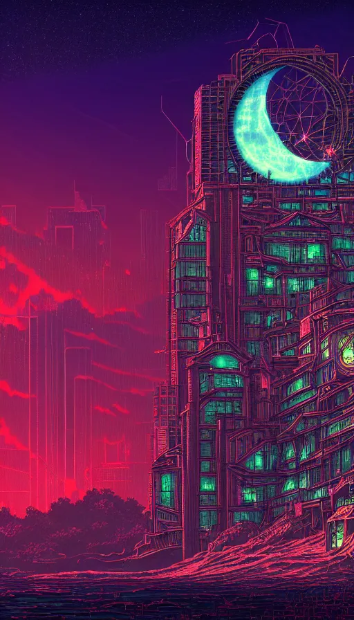 Image similar to reclaimed by nature by moon hoon, darkacademia atlantis cosmic san andreas at dawn neon signs tokyo synthwave universe, archdaily, wallpaper, highly detailed, trending on artstation.