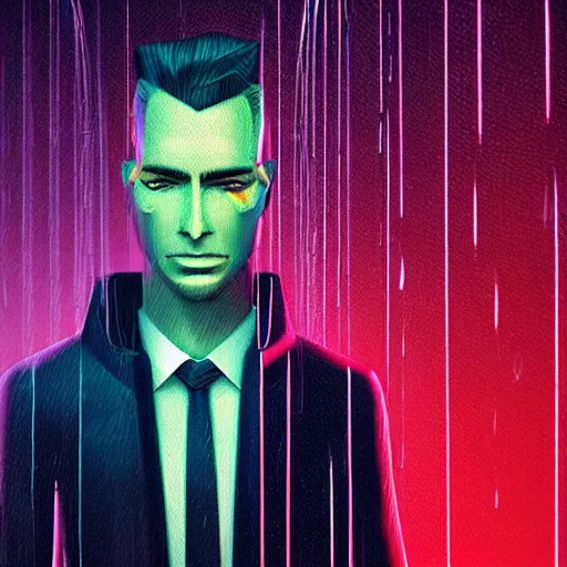 Prompt: stylish man cartoon portrait made out of rain, pinstripe suit, cyberpunk background, rendered in octane, unreal engine, highly detailed, trending on artstation, realistic, neon, beautiful, volumetric lighting, depth of field, glowing eyes