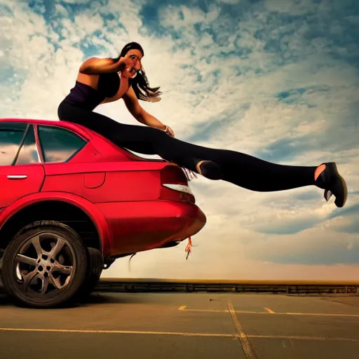 Image similar to car jumping, bodybuilder, woman, holding, photo, digital art, hands, underbody, throw, standing