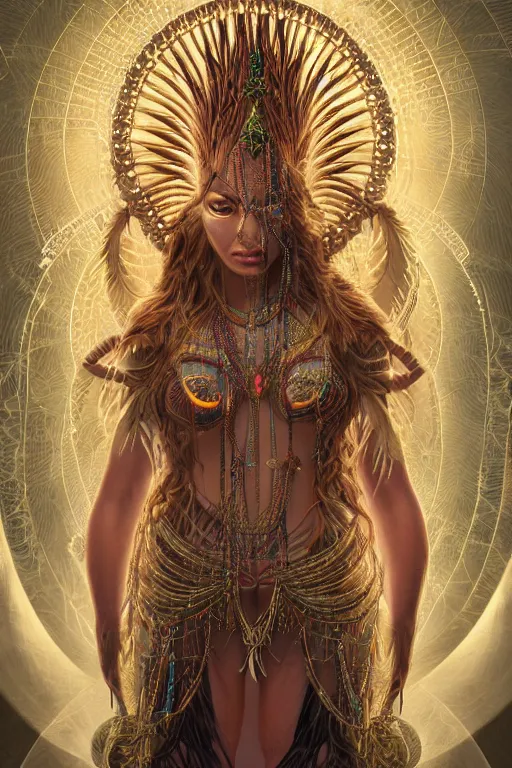 Prompt: a centered render of a single alluring mystical tribal goddess adorned with feathers and gemstones and cables and synthesizer parts is surrounded by sacred geometry made from elven architecture, full body, gorgeous, perfect face, powerful, cinematic, beautifully lit, by artgerm, by karol bak, 3 d, trending on artstation, octane render, 8 k