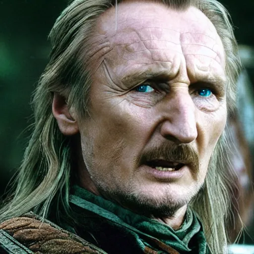 Image similar to Liam Neeson as Theoden, Lord of the Rings, film still, high detail