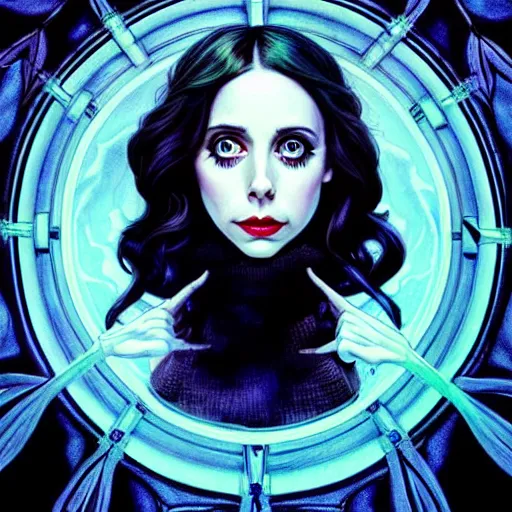 Prompt: beautiful alison brie magician, black magic spells, in the style of joshua middleton, creepy pose, bioshock, spooky, symmetrical face symmetrical eyes, three point lighting, detailed realistic eyes, aquapunk, insanely detailed and intricate elegant, artgerm, underwater home