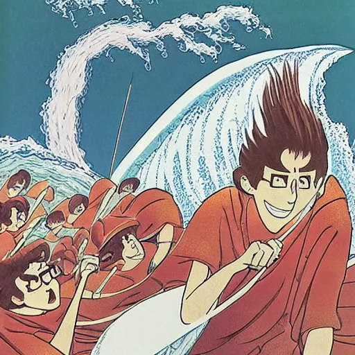 Image similar to by osamu tezuka balmy, monumental amaranth, cinnamon. the mixed mediart of a huge wave about to crash down on three small boats. the boats are filled with people, & they all look terrified.