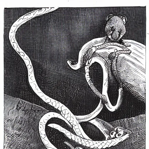 Prompt: two long serpentine weasels whose bodies are tied in a pretzel knot, storybook illustration