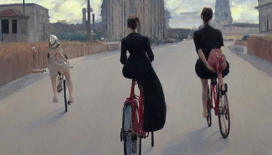 Image similar to painting by borremans, bella hadid riding a bike, detailed, stunning