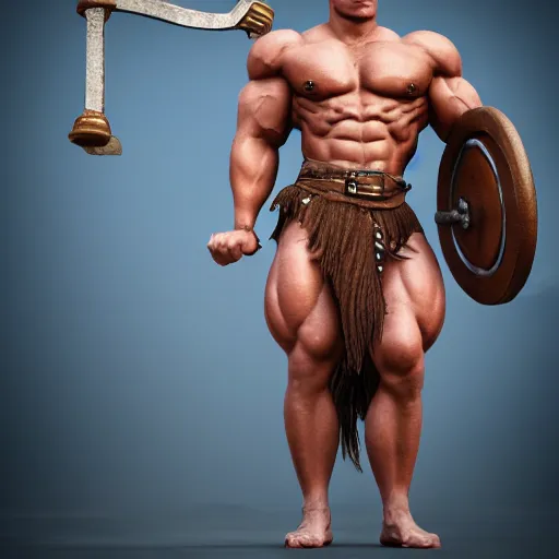 Image similar to a handsome bodybuilder viking girl with blond hair, clash royal style characters, unreal engine 5, octane render, detailed, cinematografic, cinema 4 d