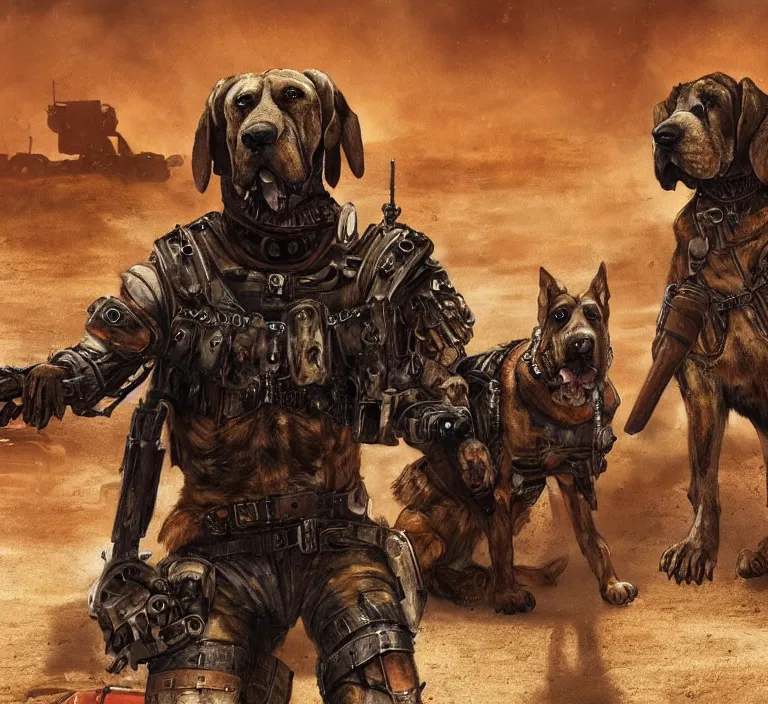 Image similar to a good ol'bloodhound dog fursona ( from the furry fandom ), heavily armed and armored facing down armageddon in a dark and gritty version from the makers of mad max : fury road. witness me.