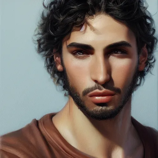Prompt: portrait of a young italian male, very curly dark shoulder length hair, round nose, angular eyebrows, short patchy beard, closeup portrait, elegant, highly detailed, oil painting, artstation, concept art, matte, sharp focus, illustration, hearthstone, art by earl norem