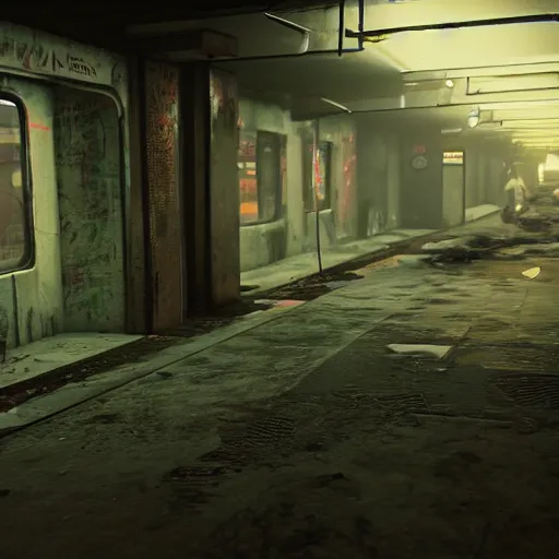 Image similar to silent hill abandoned underground subway homeless filthy horror slum low light sadness lonely. Cyberpunk 2077. CP2077. 3840 x 2160