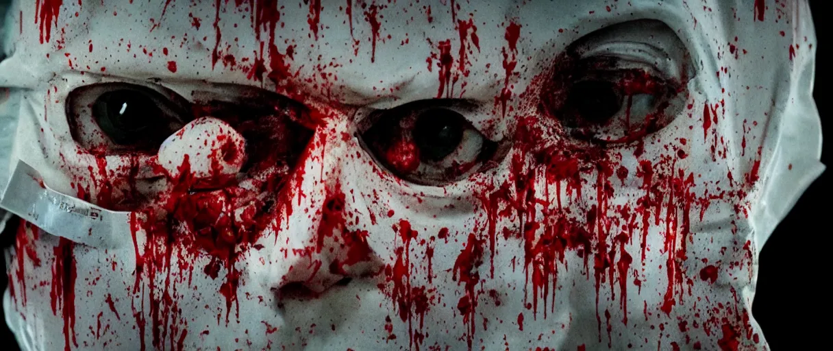 Image similar to filmic dutch angle movie still 4k UHD 35mm film color photograph of a freshly severed head with a pained expression, wearing a surgical mask , head is sideways on the floor soaked in blood, in the style of an extreme grotesque splatter horror movie