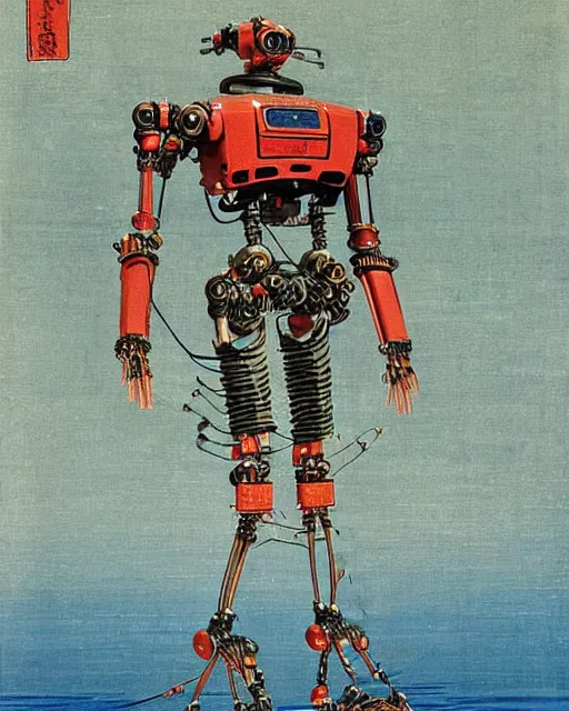 Image similar to Hiroshige portrait of a robot saint made of cables and robotic pod by Frank Frazetta