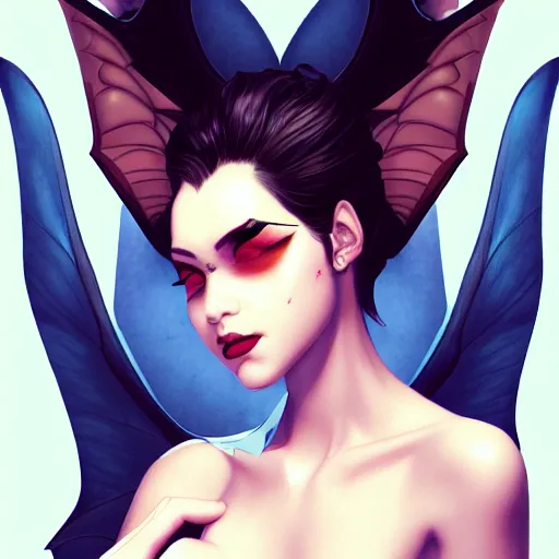 Image similar to 3 / 4 view of a portrait of woman with bat wings, confident pose, pixie, genshin impact, magic, lights, intricate, elegant, sharp focus, illustration, highly detailed, concept art, matte, trending on artstation, comics h 6 4 0