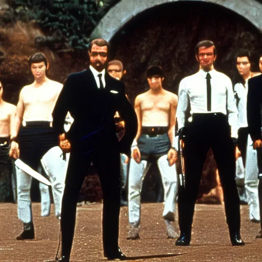 Prompt: battle royale between james bond actors sean connery, roger moore, timothy dalton, george lazenby, pierce brosnan, and daniel craig