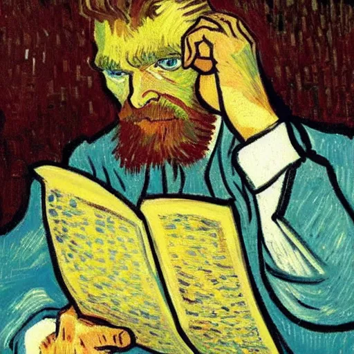 Image similar to a man pulls out his hair while reading a magazine, in the style of screaming, van gogh